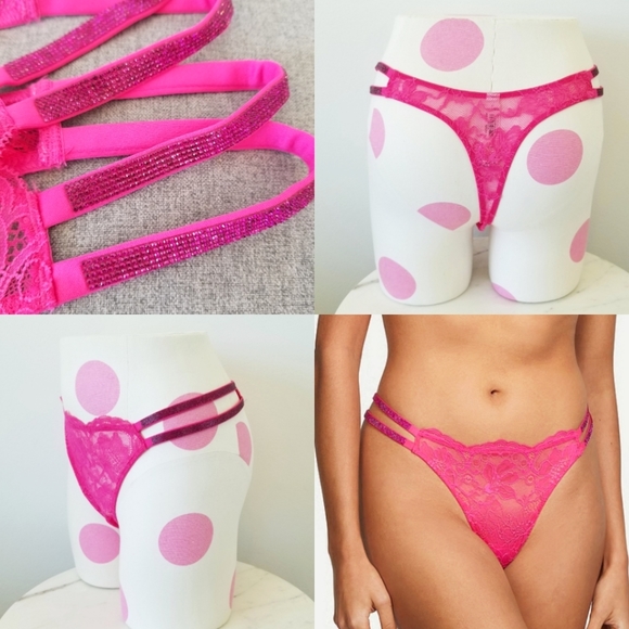 Victoria's Secret Very Sexy Pink Lace Rhinestone Crystal Strap Thong Panty NWT - Picture 1 of 12